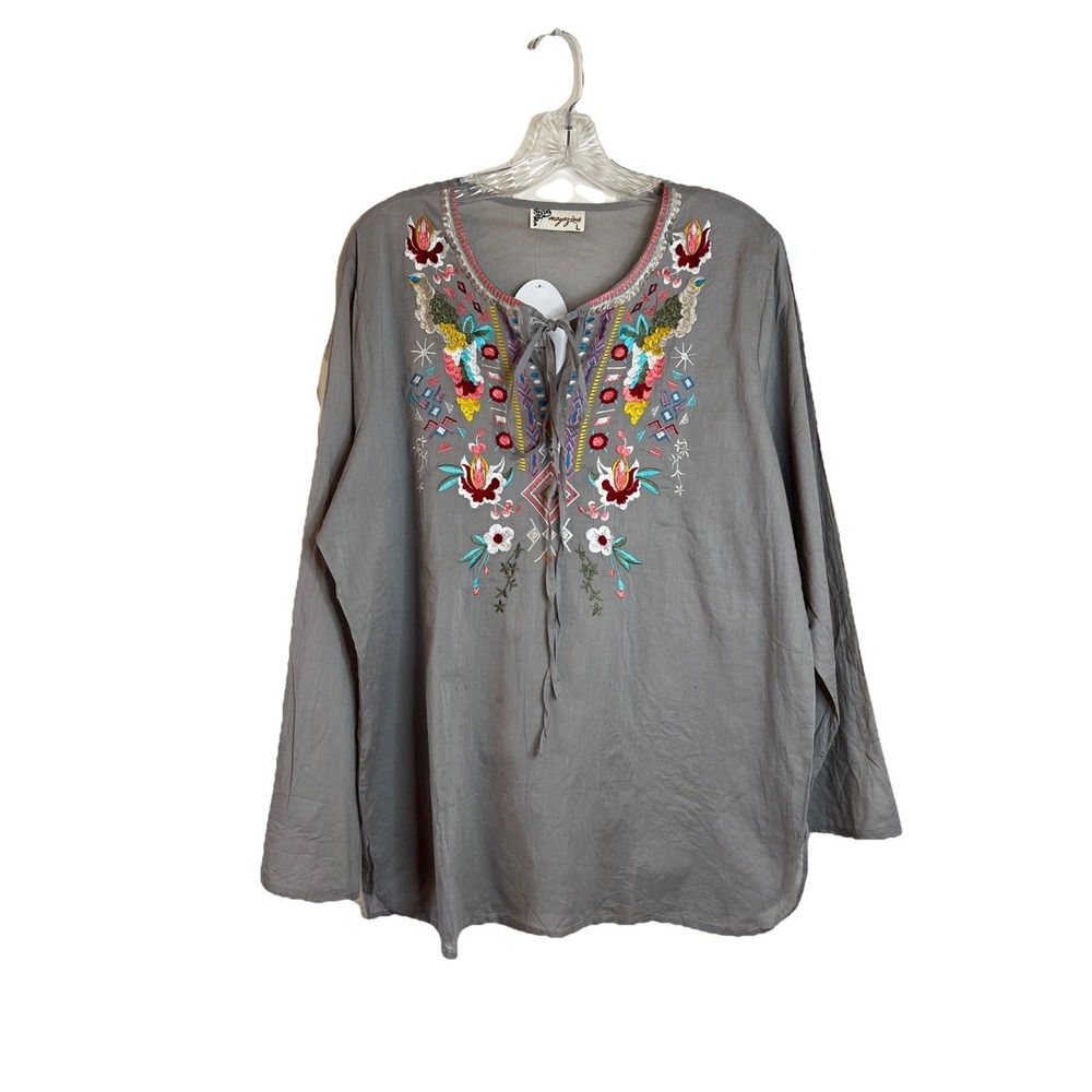 Magazine Grey/Ash Floral Embroidered Boho Chic Tunic Peasant Blouse Size Large